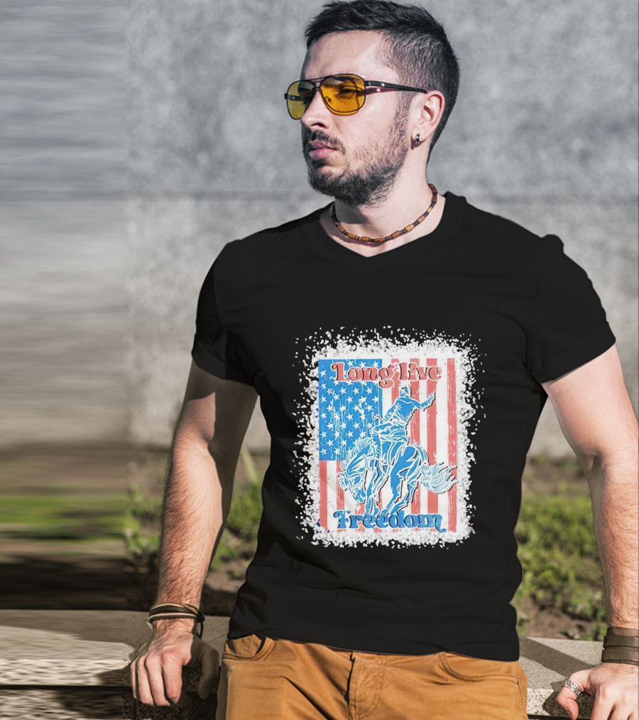 Long Live Freedom America Flag Cowboy And Horse T-Shirt