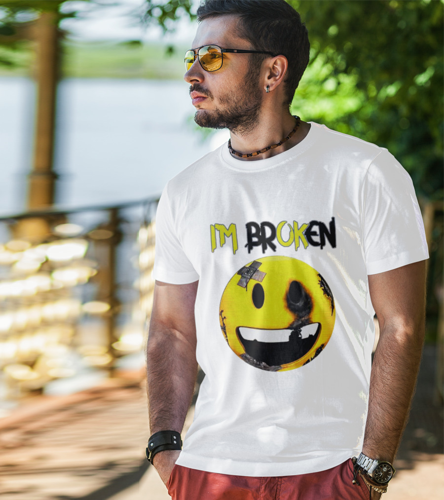 I'M BROKEN Smiley Burned And Patched Emo Smiley Face T-Shirt