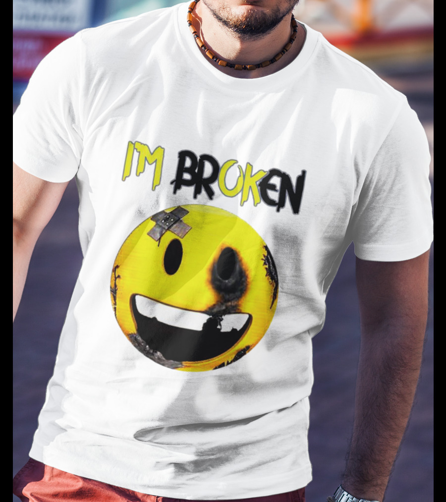 I'M BROKEN Smiley Burned And Patched Emo Smiley Face T-Shirt