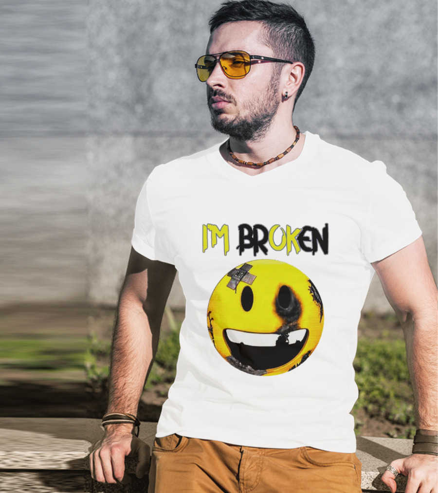 I'M BROKEN Smiley Burned And Patched Emo Smiley Face T-Shirt