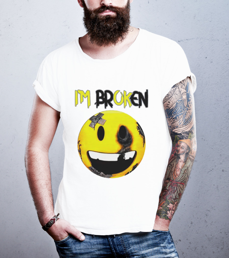 I'M BROKEN Smiley Burned And Patched Emo Smiley Face T-Shirt