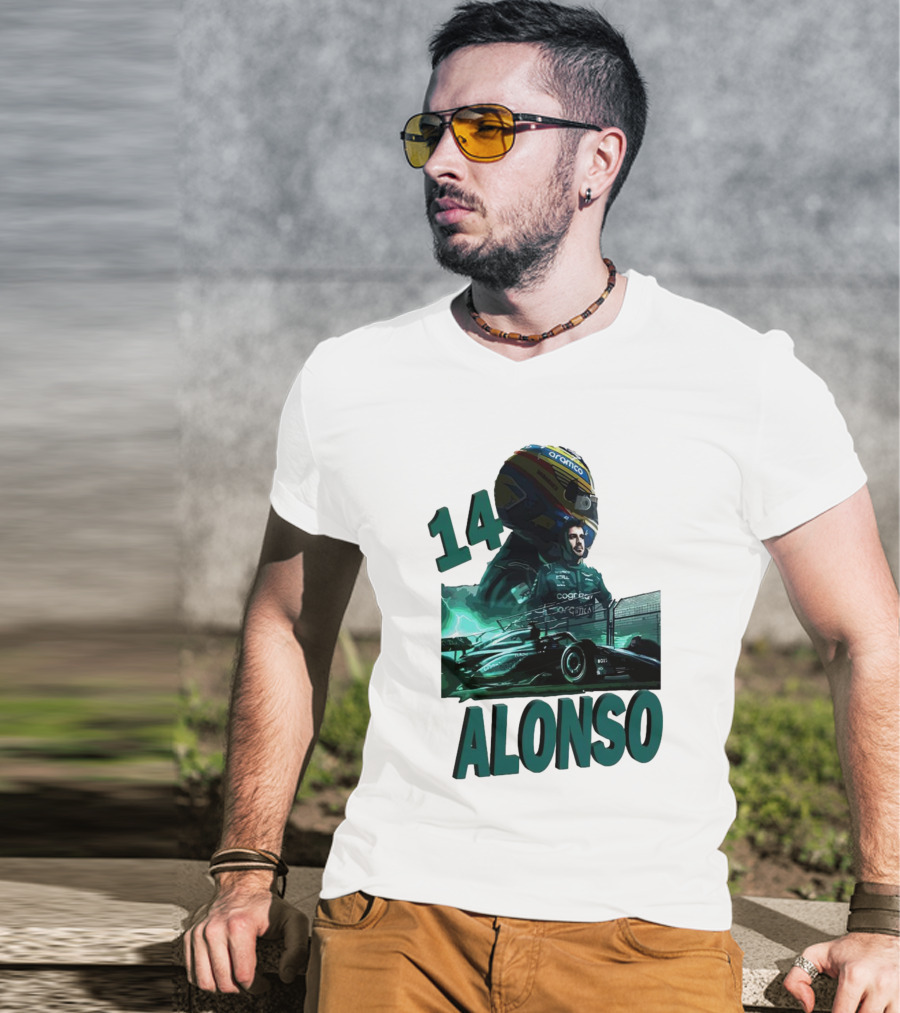 14 Alonso Aramco Racing Helmet And Car T-Shirt