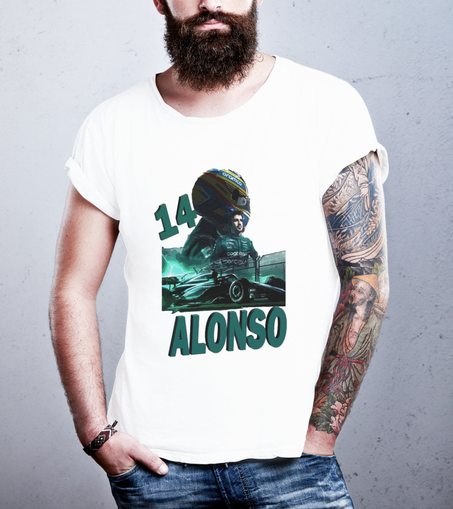 14 Alonso Aramco Racing Helmet And Car T-Shirt