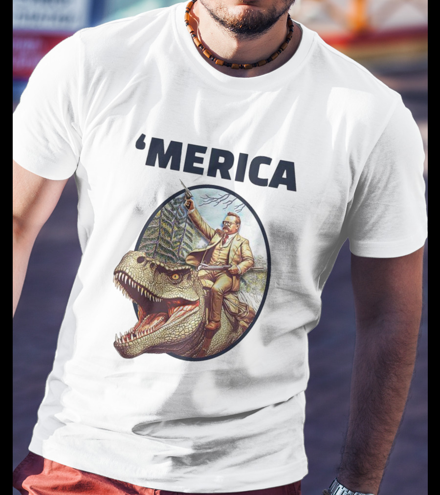 Theodore Roosevelt Riding Dinosaur ‘Merica Patriotic Adventure Scene T-Shirt