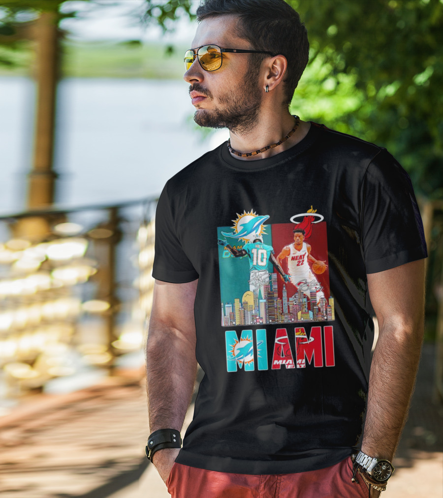Miami Dolphins Tyreek Hill Miami Heat Jimmy Butler Signatures Skyline Featuring Dolphins And Heat T-Shirt