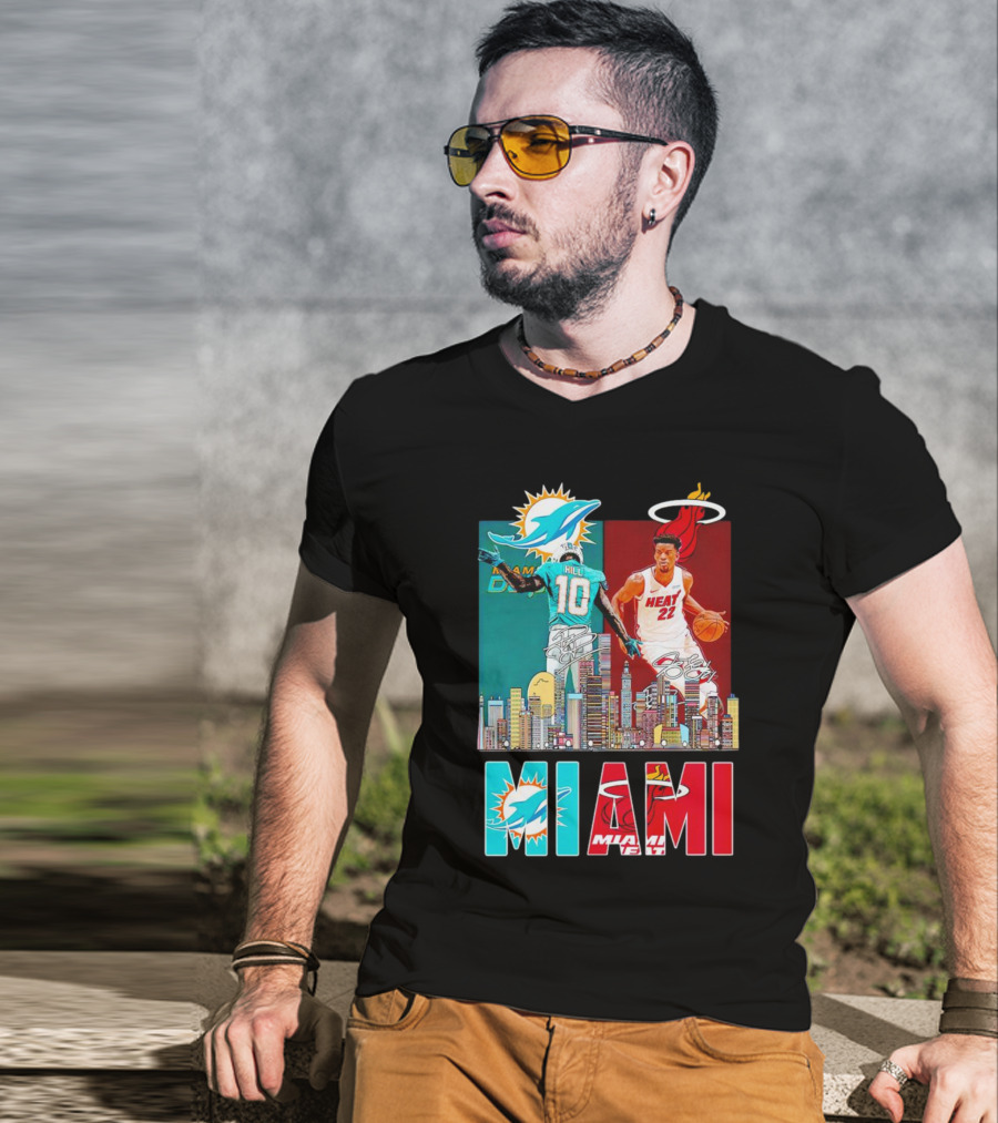 Miami Dolphins Tyreek Hill Miami Heat Jimmy Butler Signatures Skyline Featuring Dolphins And Heat T-Shirt