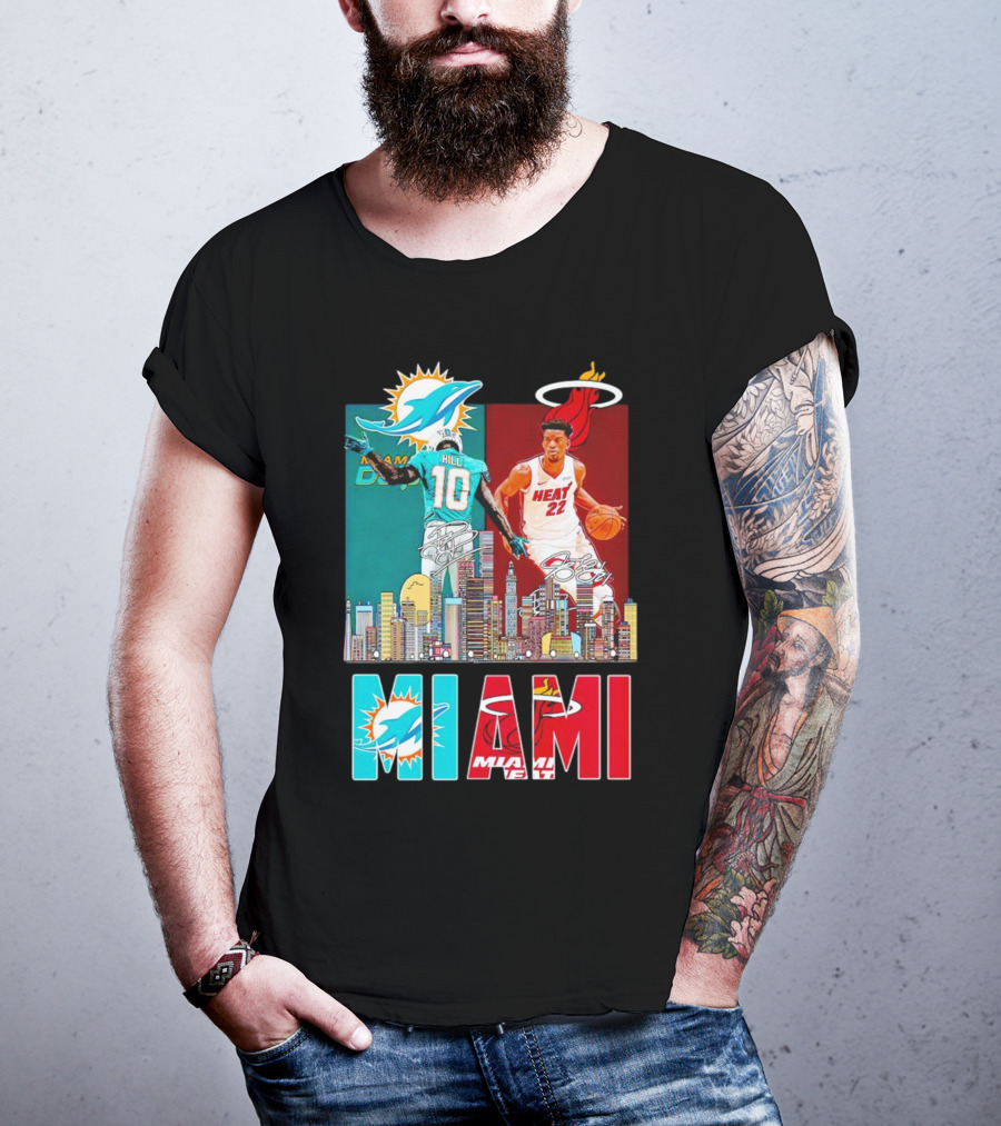 Miami Dolphins Tyreek Hill Miami Heat Jimmy Butler Signatures Skyline Featuring Dolphins And Heat T-Shirt