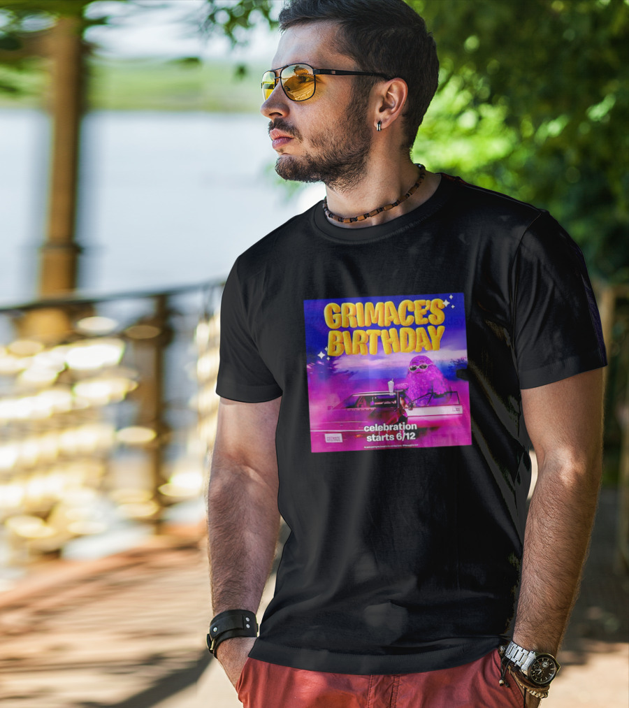 Grimace's Birthday Celebration Starts 6/12 With Purple Character And Sunglasses T-Shirt