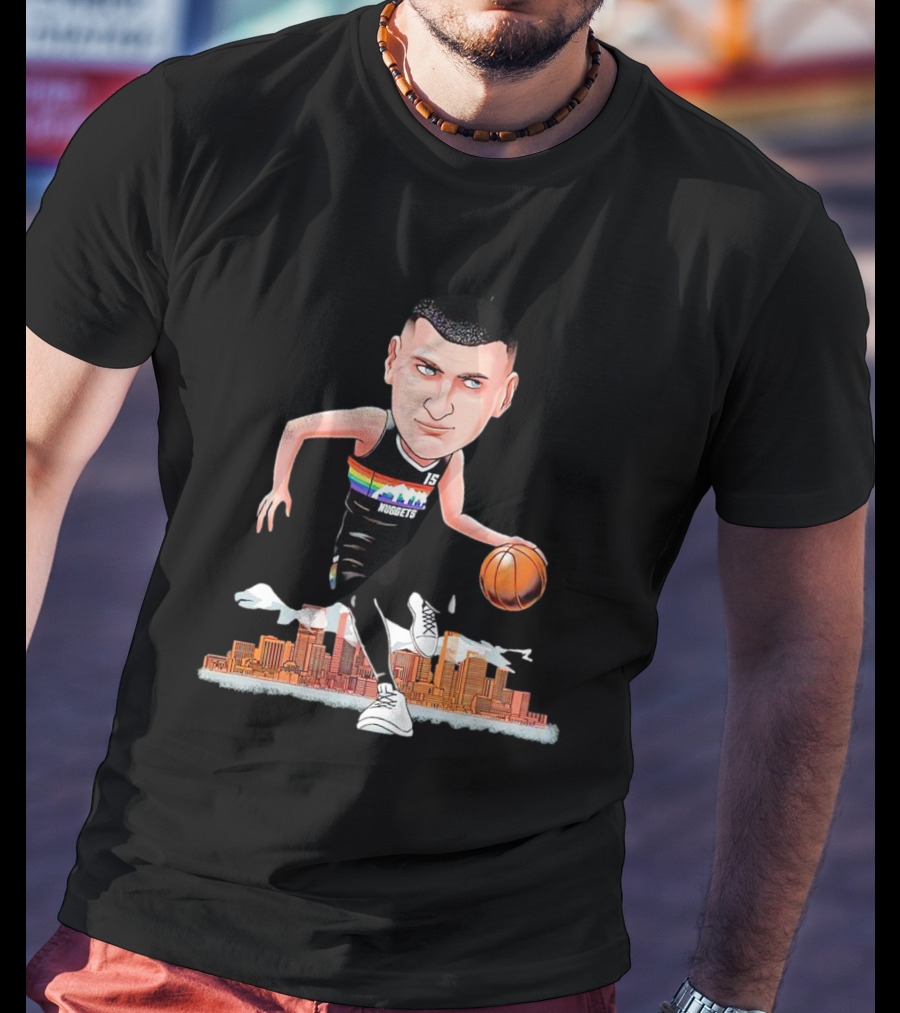 Nikola Jokic Denver Nuggets Cartoon Dribbling Basketball Colorado Skyline T-Shirt