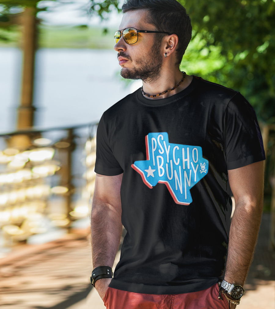 Psycho Bunny Texas State Blue Red Star Skull T-Shirt
