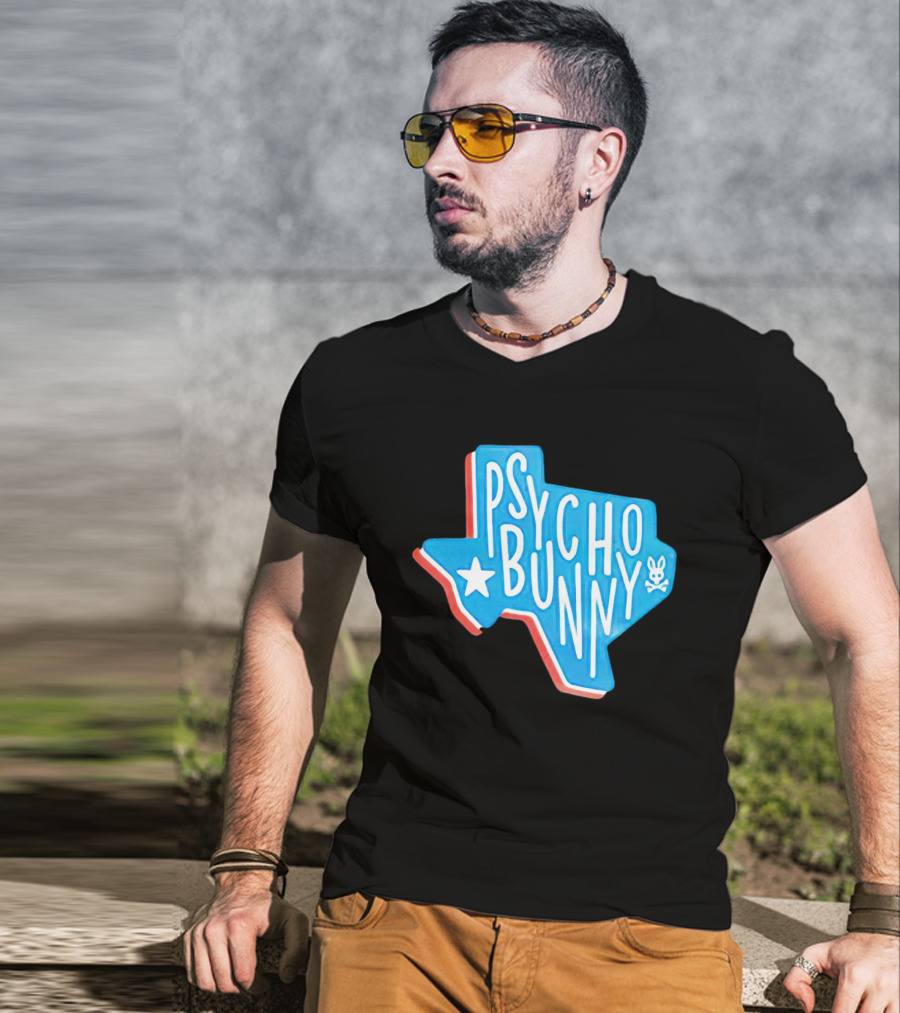 Psycho Bunny Texas State Blue Red Star Skull T-Shirt