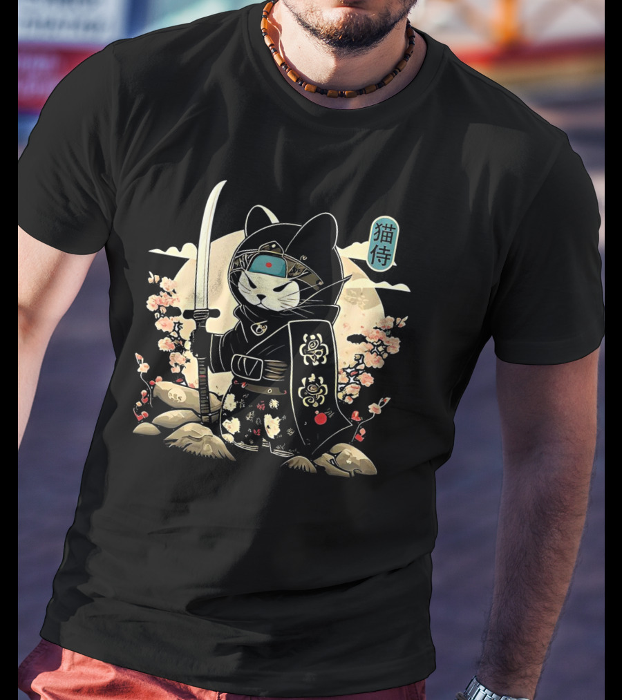 Samurai Cat Sakura Blossom Warrior Japan Kanji Armor Katana T-Shirt