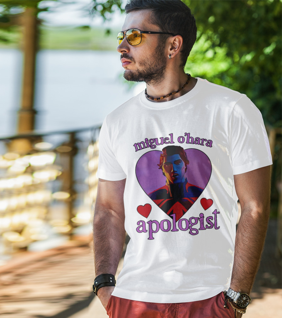 Miguel O’Hara Apologist Love Heart With Heroic Figure In Purple And Red Hearts T-Shirt