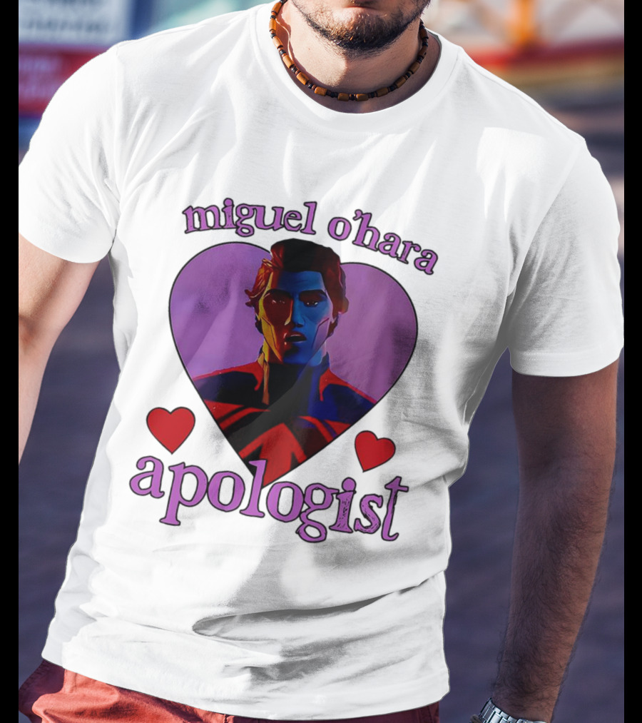 Miguel O’Hara Apologist Love Heart With Heroic Figure In Purple And Red Hearts T-Shirt