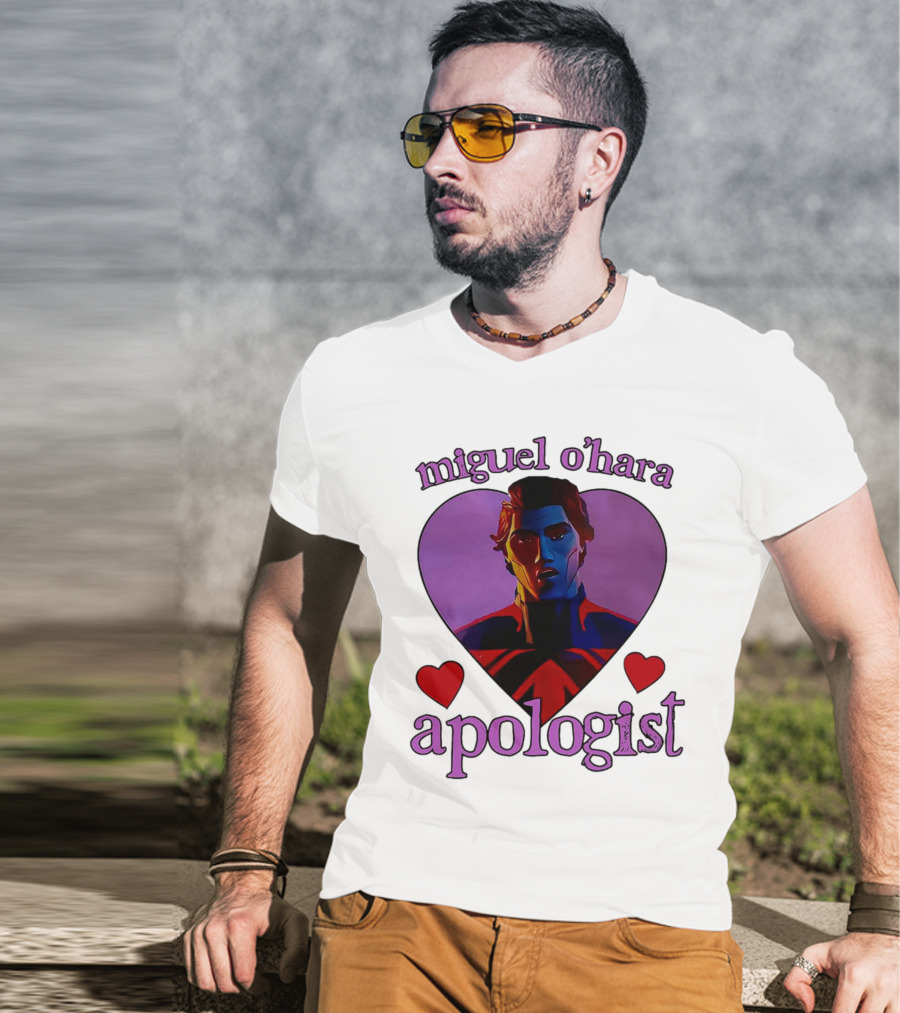 Miguel O’Hara Apologist Love Heart With Heroic Figure In Purple And Red Hearts T-Shirt