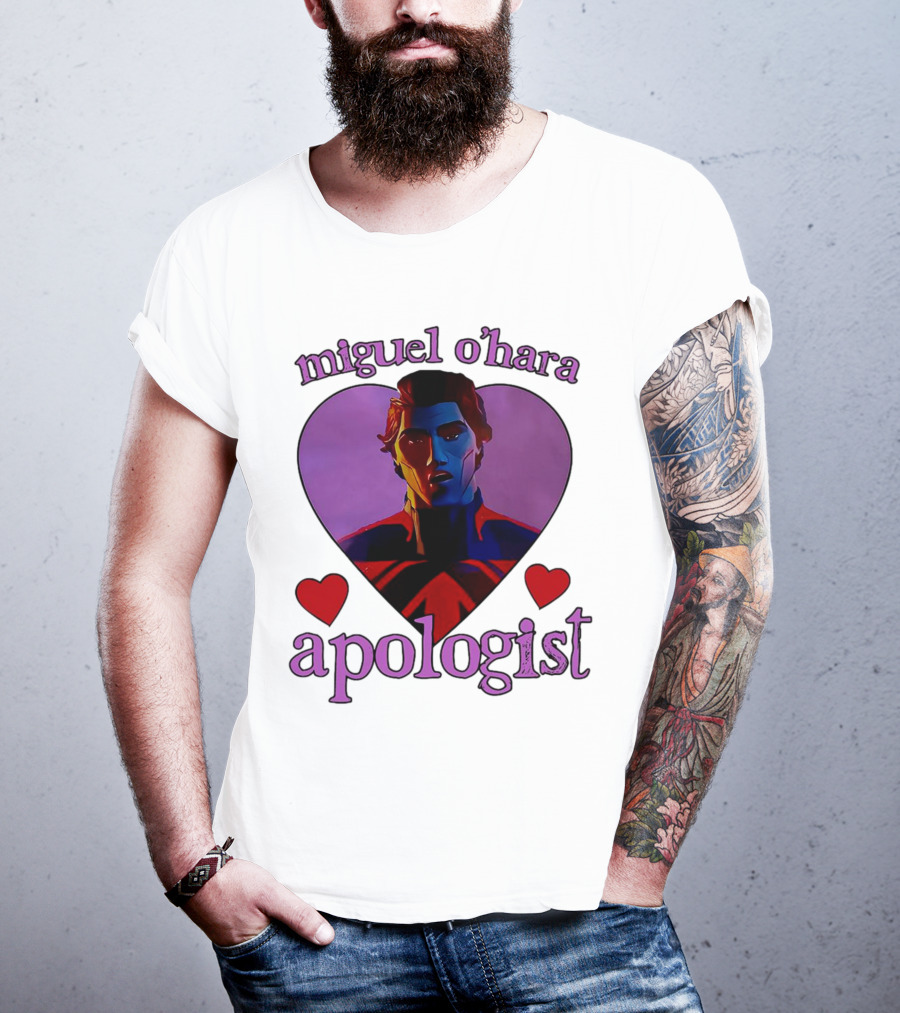 Miguel O’Hara Apologist Love Heart With Heroic Figure In Purple And Red Hearts T-Shirt