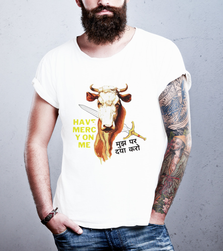 Have Mercy On Me Cow With Sword And Hindi Text T-Shirt