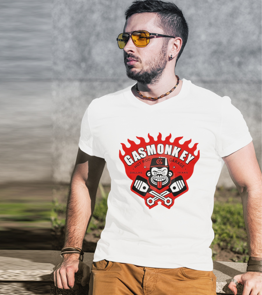 Gas Monkey Hot Rod Garage Dallas Texas Flame Logo Monkey With Pistons T-Shirt
