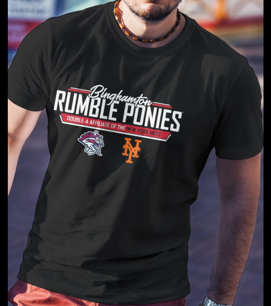Binghamton Rumble Ponies New York Mets Double-A Affiliate Logo With Pony And Mets Symbols T-Shirt