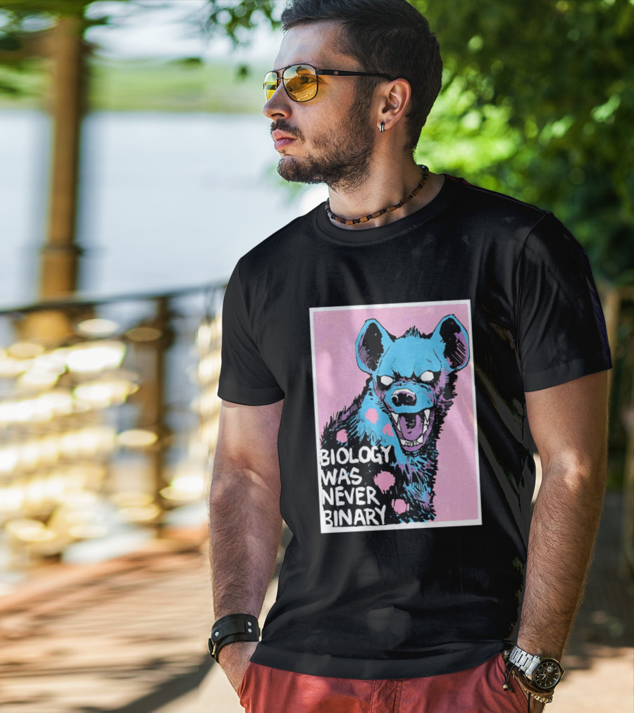Biology Was Never Binary Blue Hyena Pink Background T-Shirt