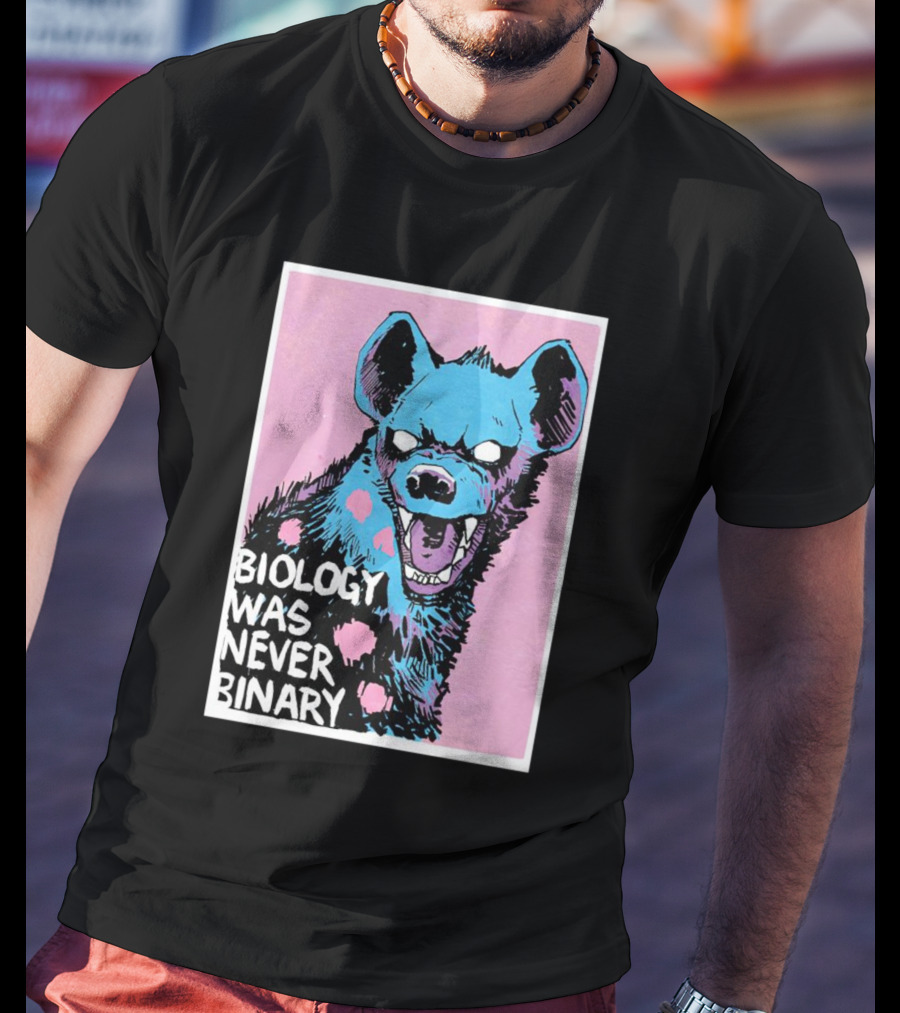 Biology Was Never Binary Blue Hyena Pink Background T-Shirt
