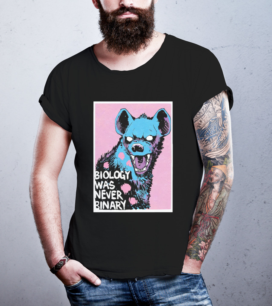 Biology Was Never Binary Blue Hyena Pink Background T-Shirt