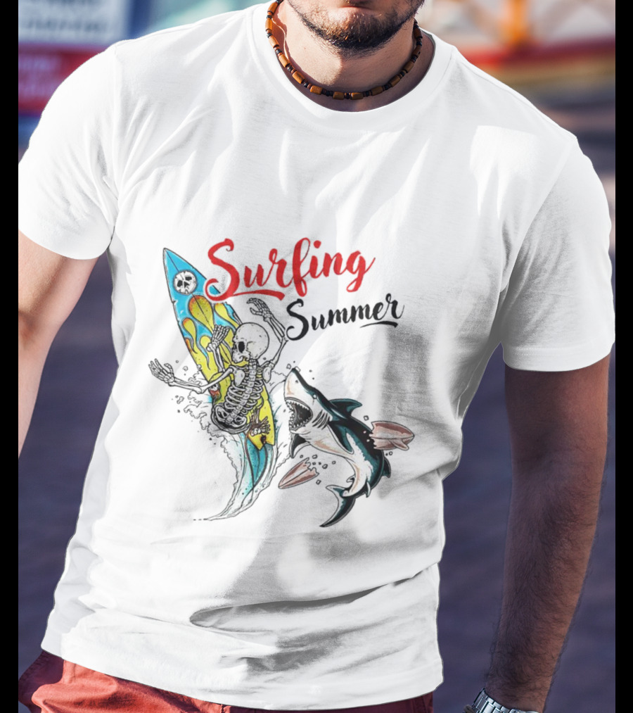 Surfing Summer Skeleton Battling Shark Adventure T-Shirt