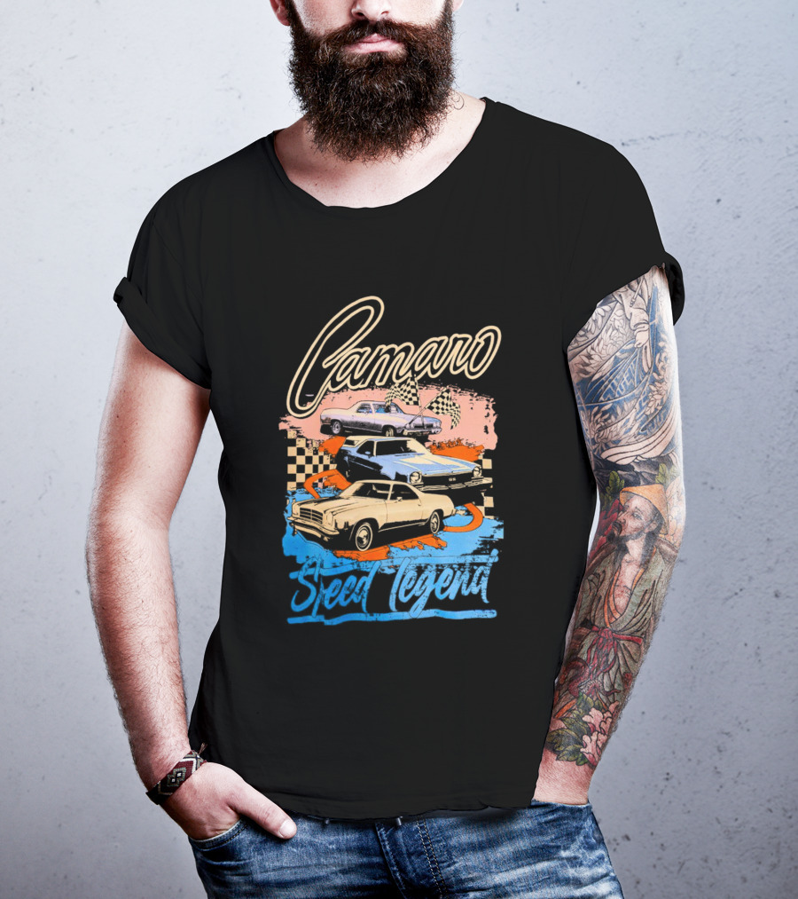 Camaro Speed Legend Vintage Racing Cars Checkered Flags T-Shirt