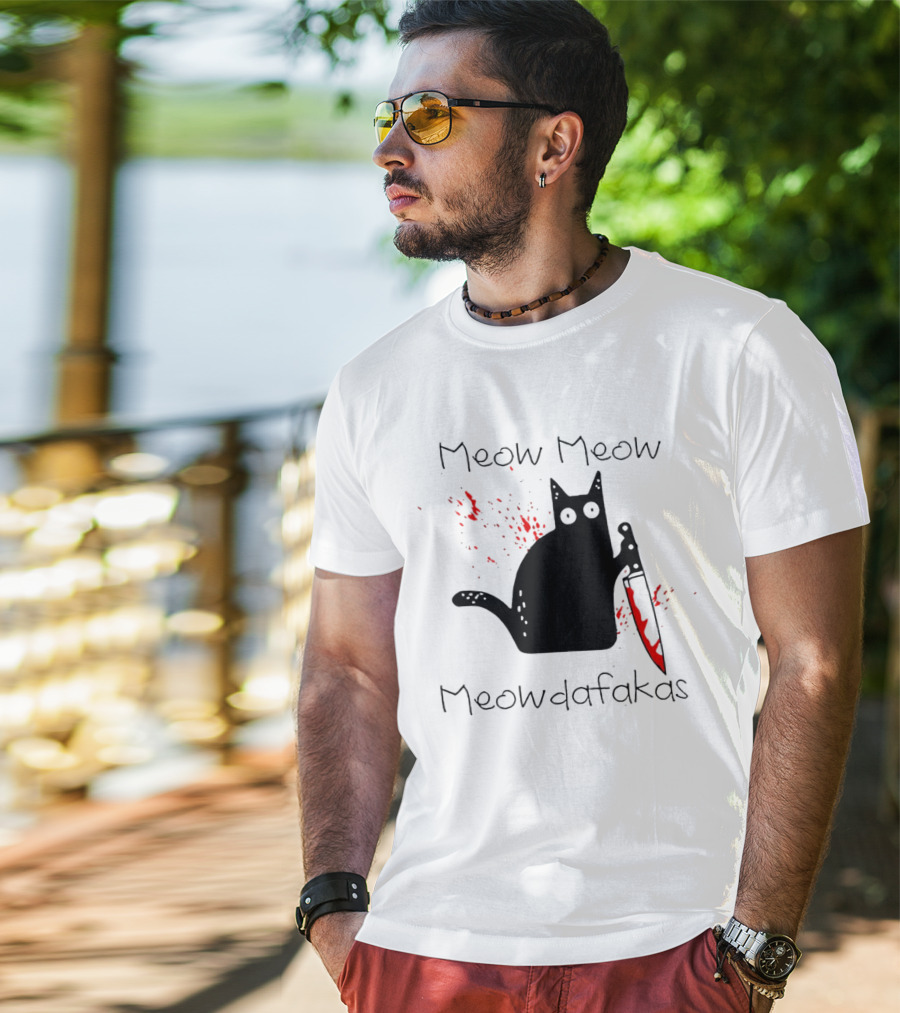 Meow Meow Meowdafakas Halloween Cat With Bloody Knife T-Shirt