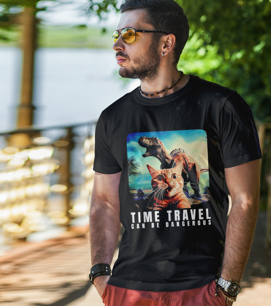 Time Travel Cat With Dinosaur Adventure Can Be Dangerous T-Shirt