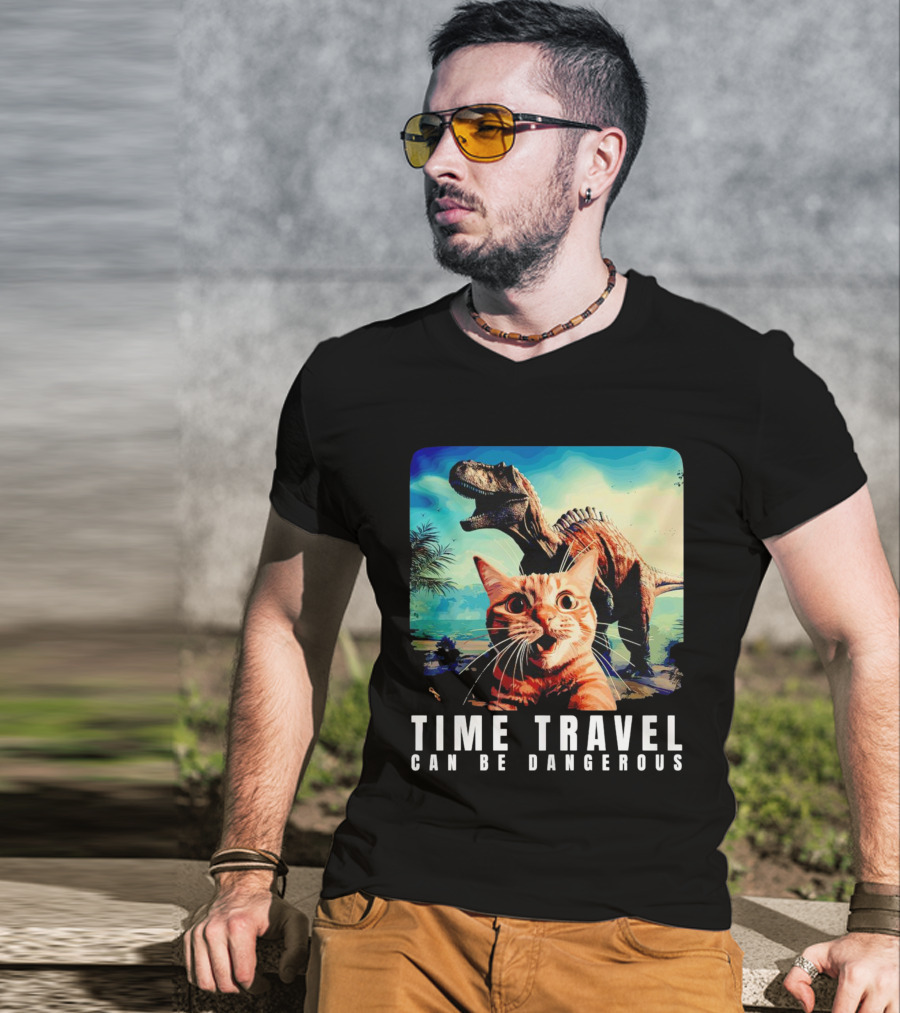 Time Travel Cat With Dinosaur Adventure Can Be Dangerous T-Shirt