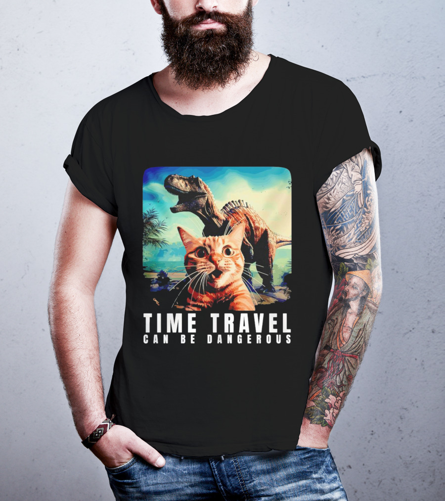 Time Travel Cat With Dinosaur Adventure Can Be Dangerous T-Shirt