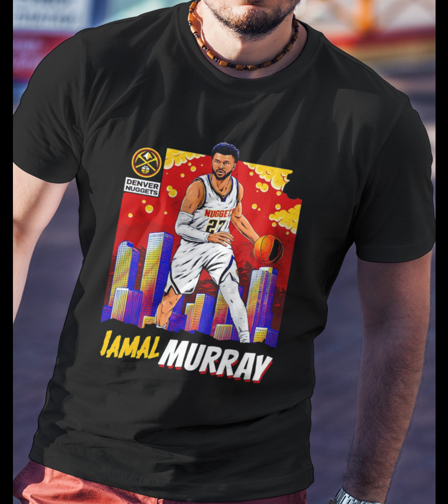 Denver Nuggets Jamal Murray Basketball Skyline Comic T-Shirt