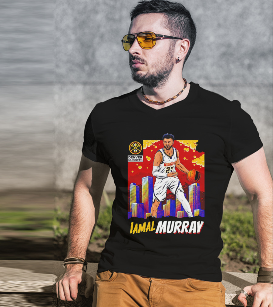 Denver Nuggets Jamal Murray Basketball Skyline Comic T-Shirt