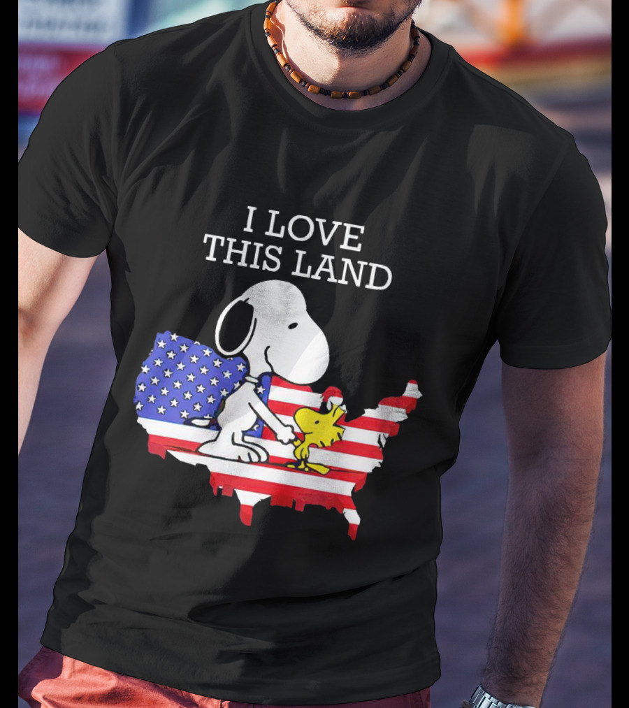 Snoopy Woodstock I Love This Land American Flag USA Map T-Shirt
