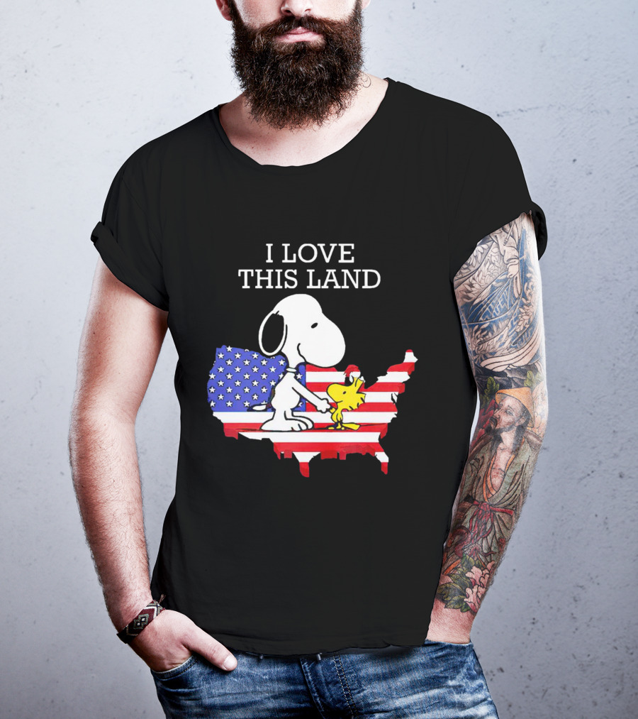 Snoopy Woodstock I Love This Land American Flag USA Map T-Shirt