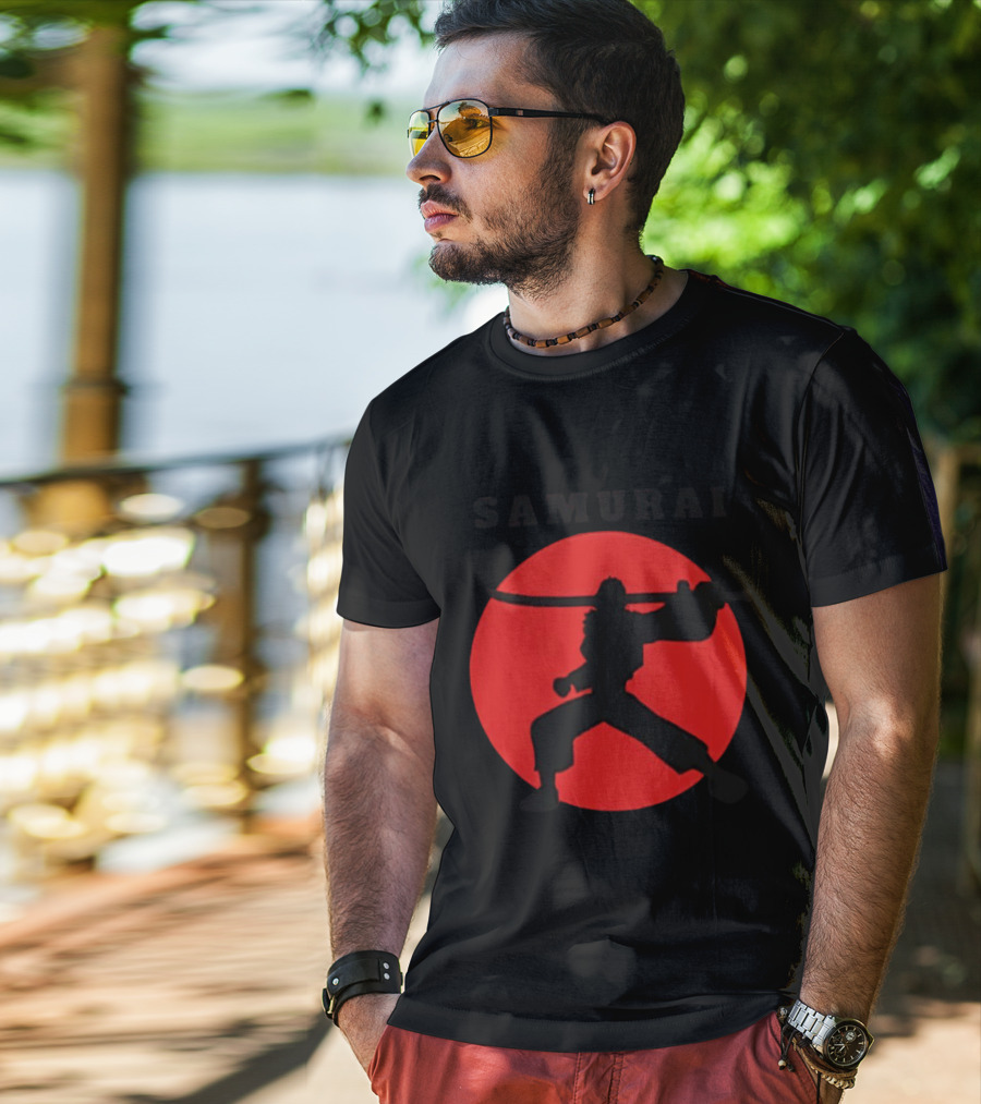 Samurai Silhouette With Red Sun Background T-Shirt
