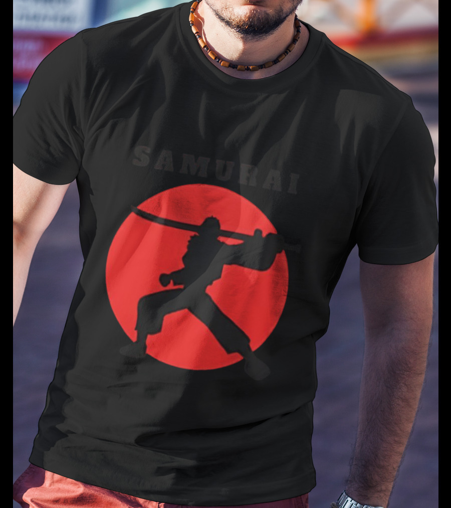 Samurai Silhouette With Red Sun Background T-Shirt