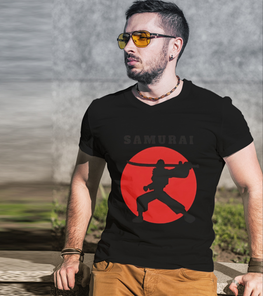Samurai Silhouette With Red Sun Background T-Shirt