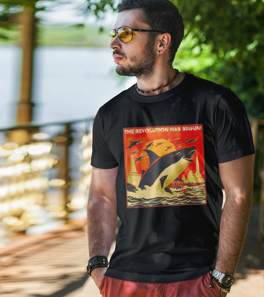 The Revolution Has Begun Orca Tower Attack With Jumping Killer Whales And Red Sky T-Shirt