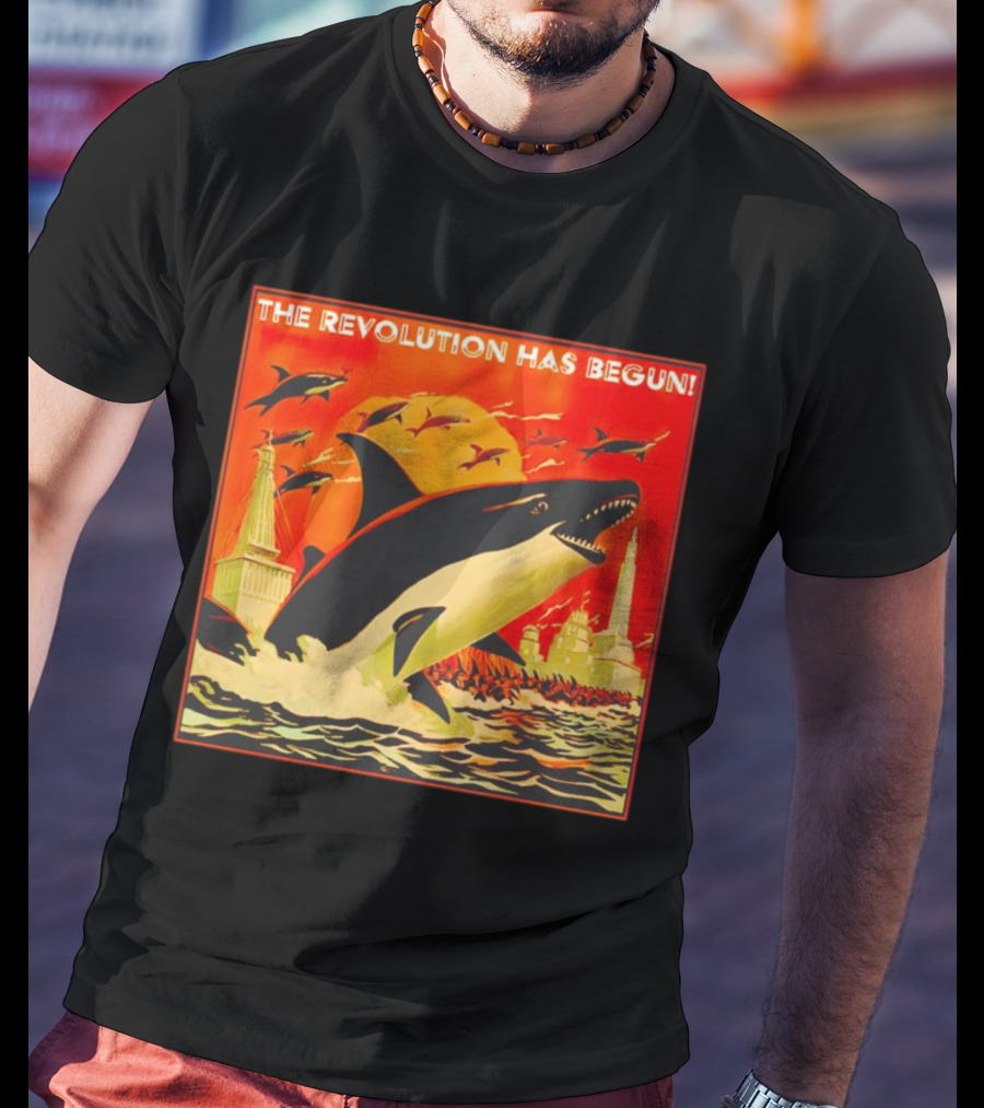 The Revolution Has Begun Orca Tower Attack With Jumping Killer Whales And Red Sky T-Shirt