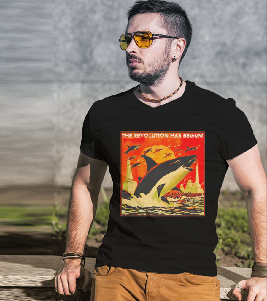 The Revolution Has Begun Orca Tower Attack With Jumping Killer Whales And Red Sky T-Shirt