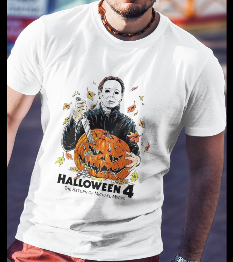 Halloween 4 The Return Of Michael Myers Knife-Wielding Michael With Carved Pumpkin And Autumn Leaves T-Shirt