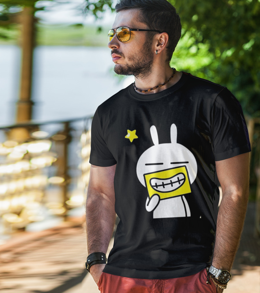 Tuzki Holding Fake Smile Cartoon Character With Star T-Shirt