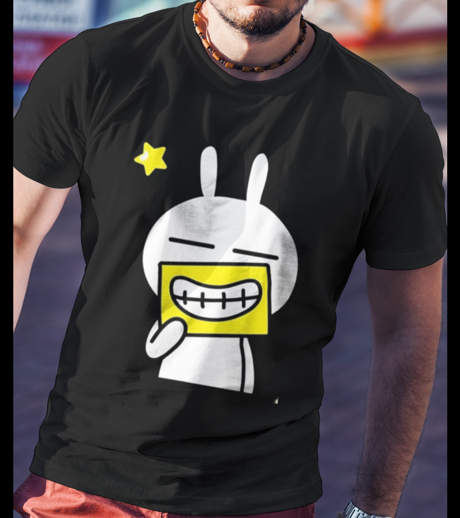Tuzki Holding Fake Smile Cartoon Character With Star T-Shirt