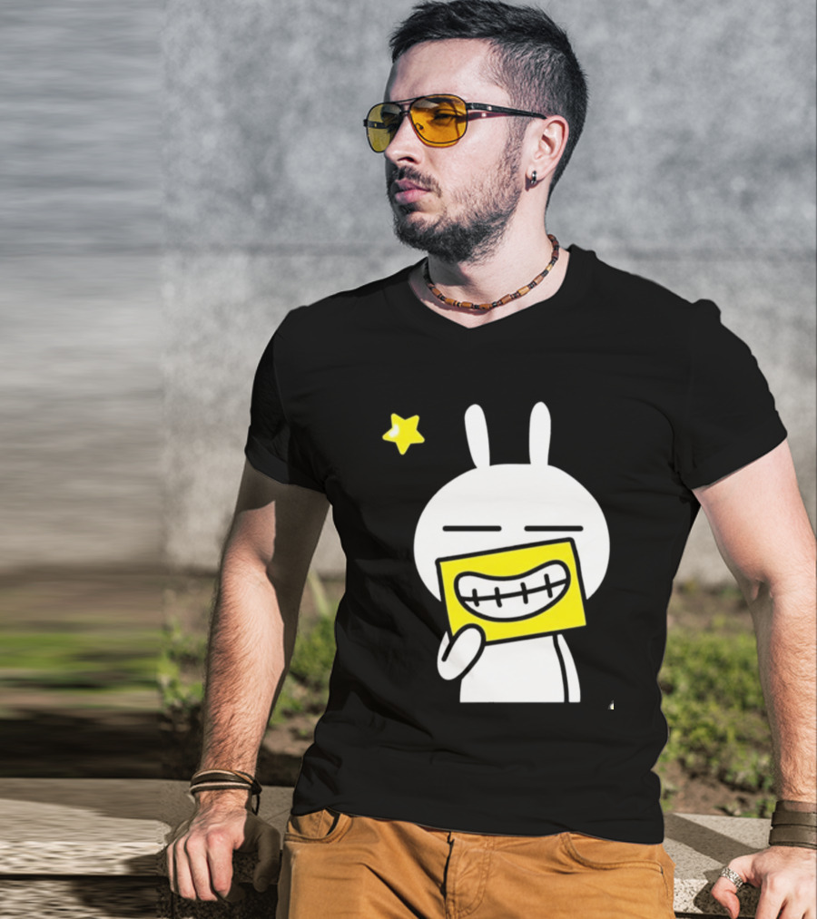Tuzki Holding Fake Smile Cartoon Character With Star T-Shirt