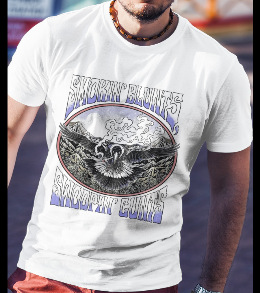 Smokin’ Blunts Swoopin’ Gunts Raven With Smoky Mountains And Clouds T-Shirt