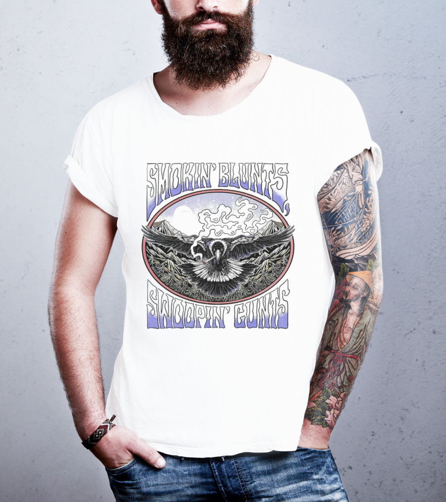 Smokin’ Blunts Swoopin’ Gunts Raven With Smoky Mountains And Clouds T-Shirt