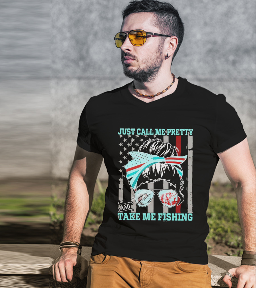 Just Call Me Pretty American Flag Bow Sunglasses Fishing T-Shirt