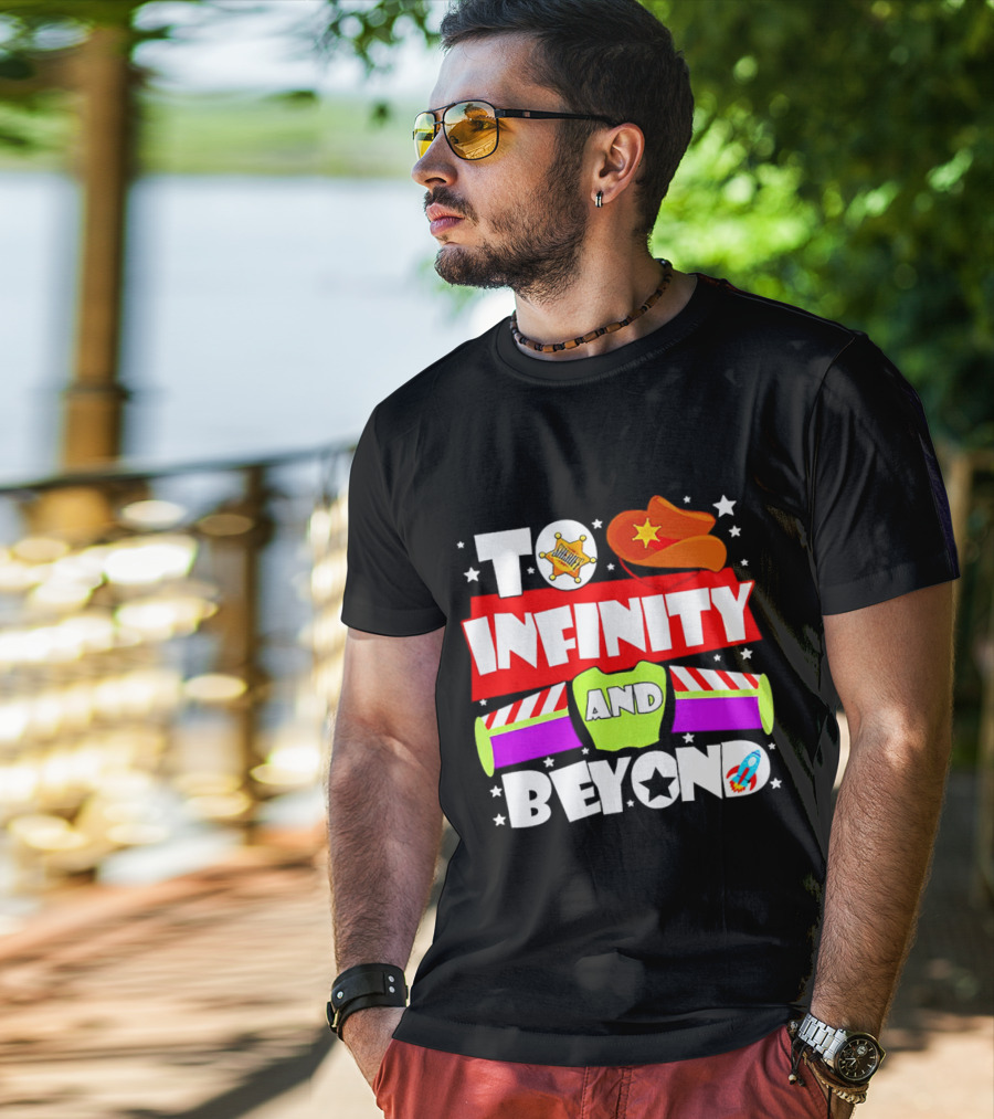 To Infinity And Beyond Toy Story Sheriff Badge Cowboy Hat Rocket T-Shirt